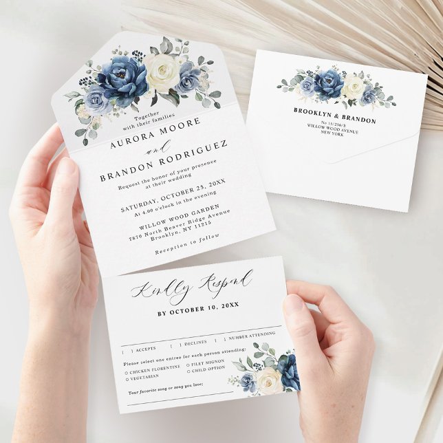 Dusty Blue Navy Champagne Elfenbeinblume Hochzeit All In One Einladung (Dusty Blue Navy Champagne Ivory Floral Wedding All In One Invitation)