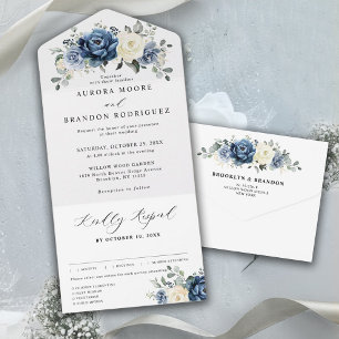 Dusty Blue Navy Champagne Elfenbeinblume Hochzeit All In One Einladung