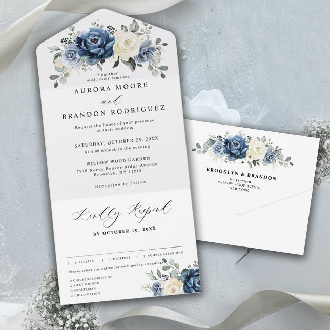 Dusty Blue Navy Champagne Elfenbeinblume Hochzeit All In One Einladung (Von Creator hochgeladen)