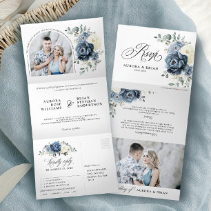 Dusty Blue Navy Champagne Elfenbeinblume Hochzeit Dreifach Gefaltete Ankündigung