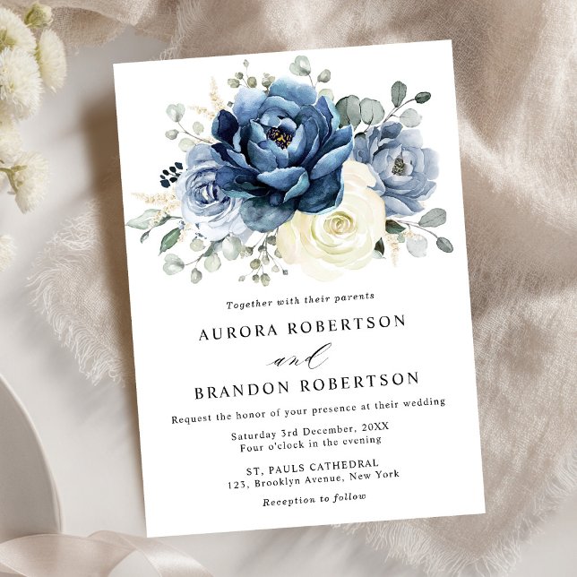Dusty Blue Navy Champagne Elfenbeinblume Hochzeit Einladung (Dusty Blue Navy Champagne Ivory Floral Wedding Invitation)
