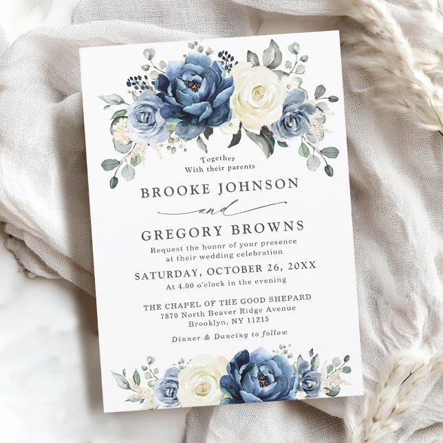 Dusty Blue Navy Champagne Elfenbeinblume Hochzeit Einladung (Dusty Blue Navy Champagne Ivory Floral Wedding Invitation)