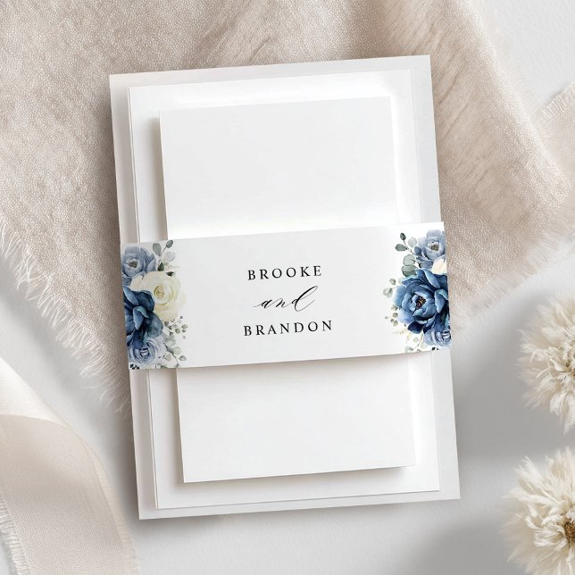 Dusty Blue Navy Champagne Elfenbeinblume Hochzeit Einladungsbanderole (Dusty Blue Navy Champagne Ivory Floral Wedding Invitation Belly Band)
