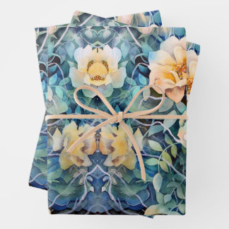 Dusty Blue Navy Champagne Elfenbeinblume Hochzeit Geschenkpapier Set