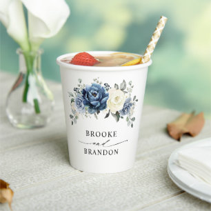 Dusty Blue Navy Champagne Elfenbeinblume Hochzeit Pappbecher