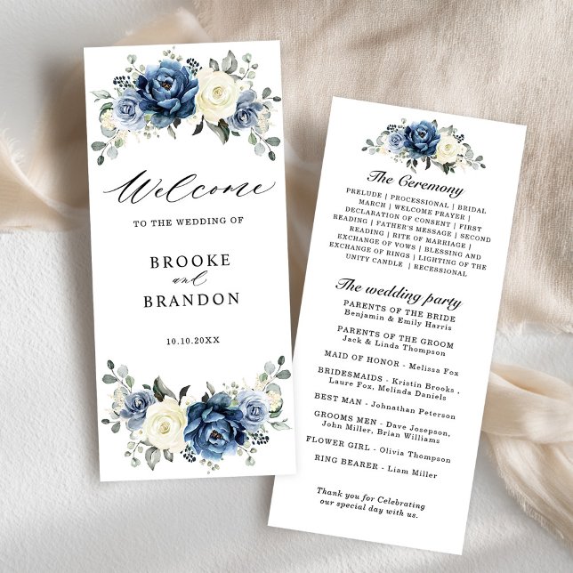 Dusty Blue Navy Champagne Elfenbeinblume Hochzeit Programm (Dusty Blue Navy Champagne Ivory Floral Wedding Program card)