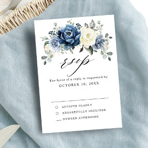 Dusty Blue Navy Champagne Elfenbeinblume Hochzeit RSVP Karte