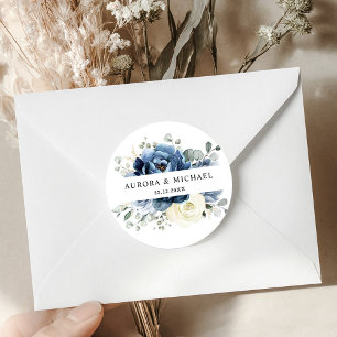 Dusty Blue Navy Champagne Elfenbeinblume Hochzeit Runder Aufkleber
