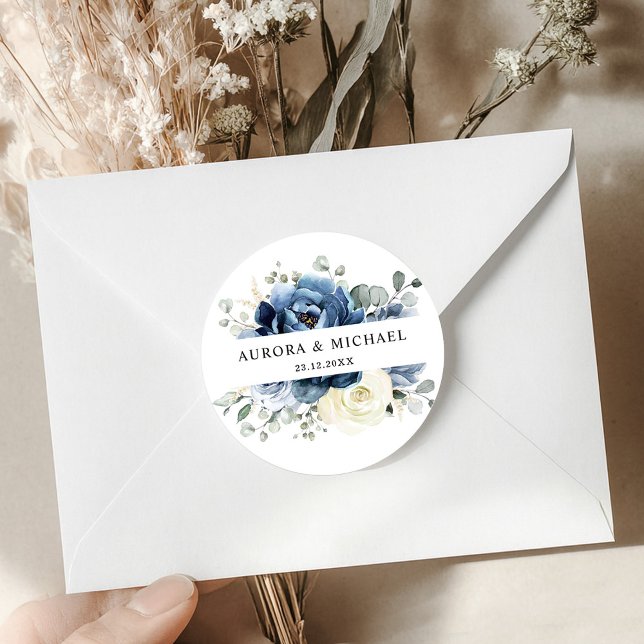 Dusty Blue Navy Champagne Elfenbeinblume Hochzeit Runder Aufkleber (Dusty Blue Navy Champagne Ivory Floral Wedding Classic Round Sticker)