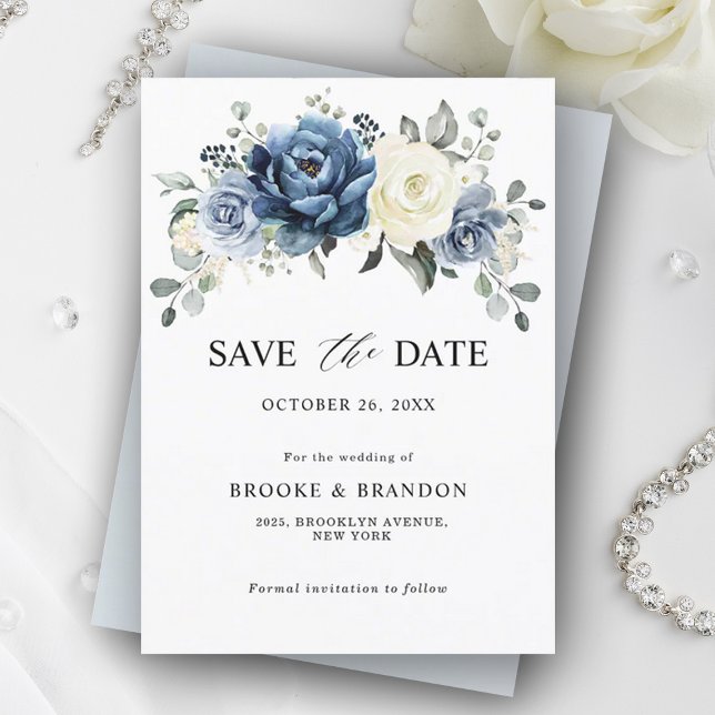 Dusty Blue Navy Champagne Elfenbeinblume Hochzeit Save The Date (Dusty blue ivory save the date card)