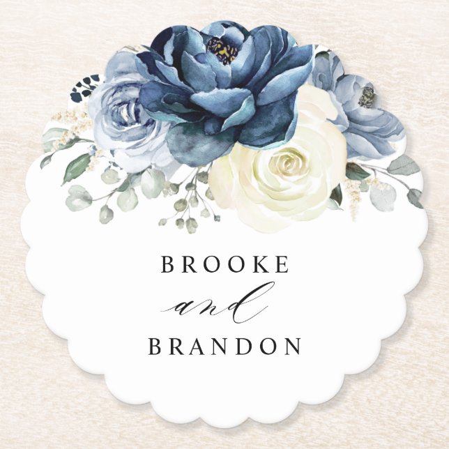 Dusty Blue Navy Champagne Elfenbeinblume Hochzeit Untersetzer (Vorderseite)