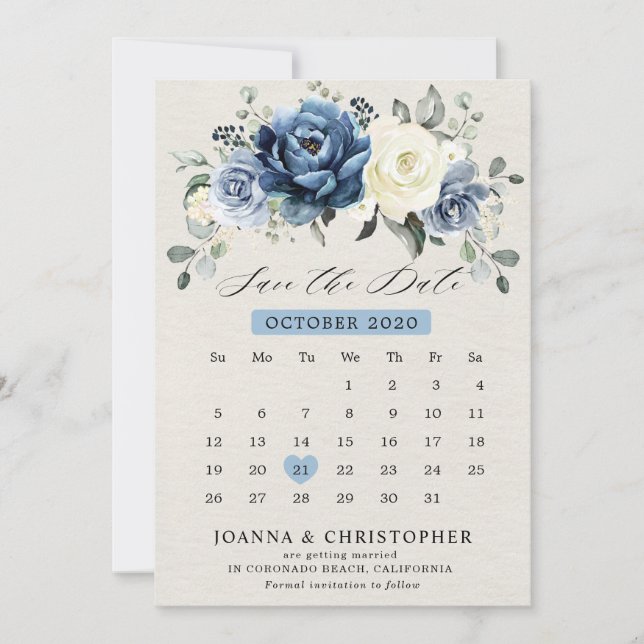 Dusty Blue Navy Champagne Elfenbeinblume Kalender  Save The Date (Vorderseite)