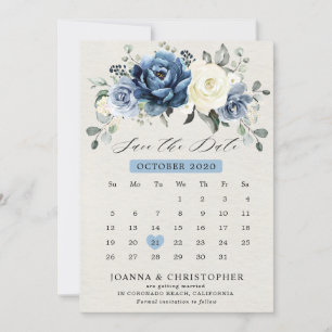 Dusty Blue Navy Champagne Elfenbeinblume Kalender  Save The Date