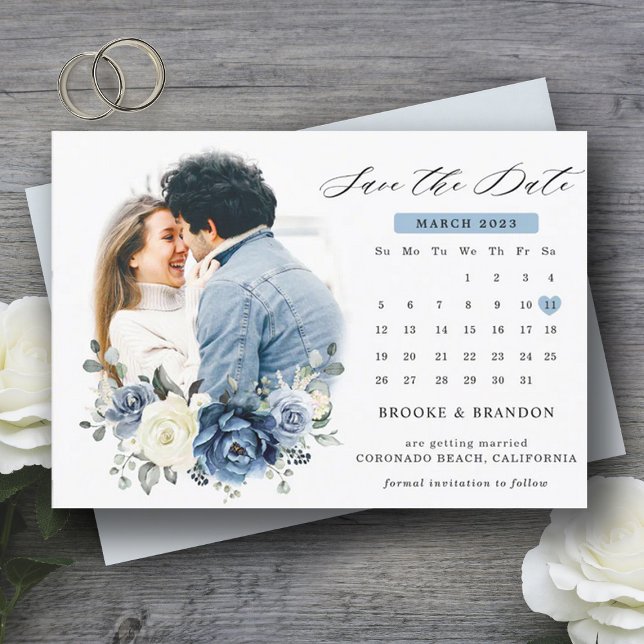 Dusty Blue Navy Champagne Elfenbeinblume Kalender  Save The Date (Dusty blue ivory calendar save the date)