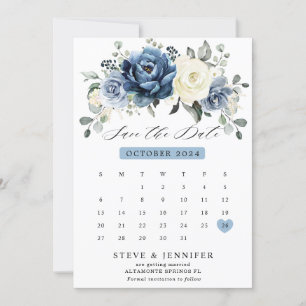 Dusty Blue Navy Champagne Elfenbeinblume Kalender  Save The Date
