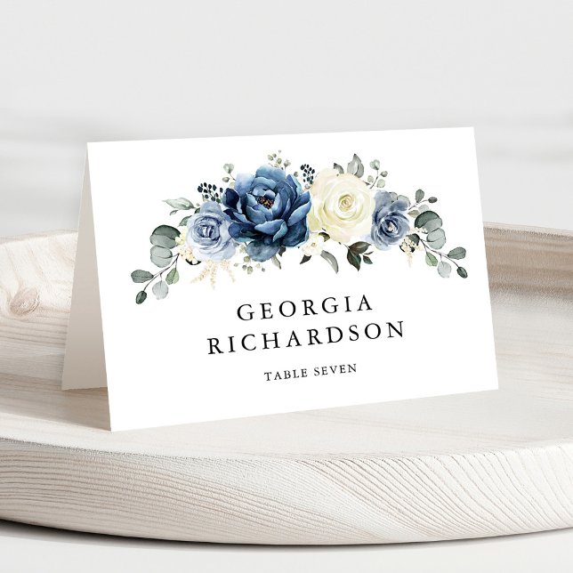 Dusty Blue Navy Champagne Elfenbeinblume Platzkart Tischnummer (Dusty Blue Navy Champagne Ivory Floral Guest Name Place Card)