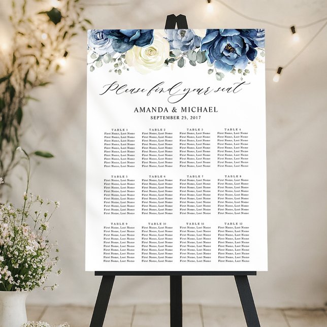 Dusty Blue Navy Champagne Elfenbeinsitzkarte Poster (Dusty Blue Navy Champagne Ivory Seating chart)