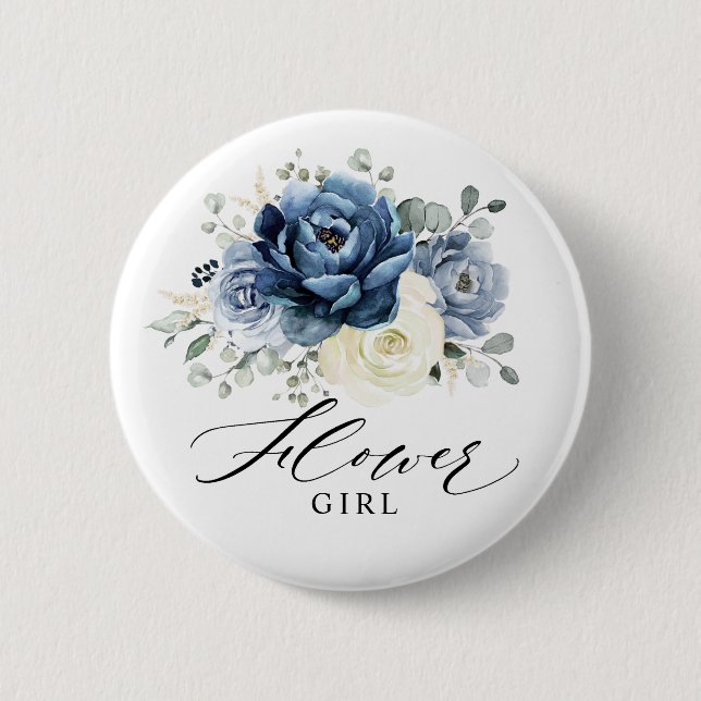 Dusty Blue Navy Champagne Ivory Blume Girl Button (Vorderseite)