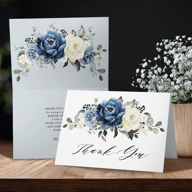 Dusty Blue Navy Champagne Ivory Brautparty Dankeskarte (Dusty Blue Navy Champagne Ivory Bridal Shower folded Thank You Card)