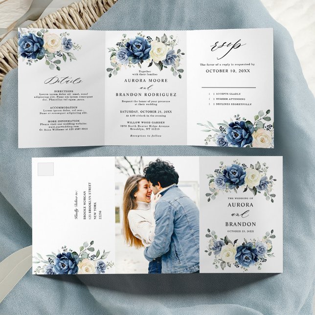Dusty Blue Navy Champagne Ivory Floral Dreifach Gefaltete Ankündigung (Dusty Blue Navy Champagne Ivory Floral Tri-Fold Wedding All in one invitation | Announcement)