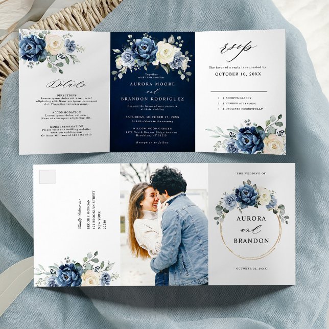 Dusty Blue Navy Champagne Ivory Floral Tri-Fold A Dreifach Gefaltete Ankündigung (Dusty Blue Navy Champagne Ivory Floral Tri-Fold wedding invitation | Announcement )