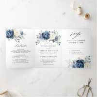 Dusty Blue Navy Champagne Ivory Floral Tri-Fold A