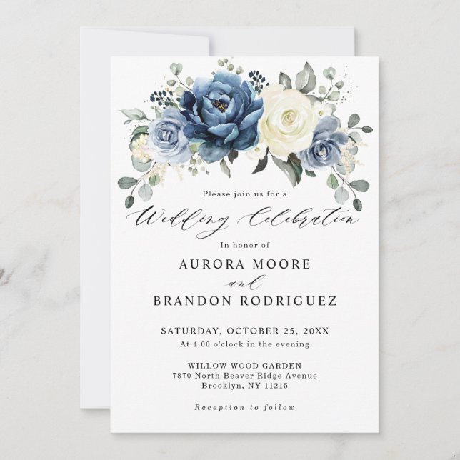 Dusty Blue Navy Champagne Ivory Floral Wedding Inv Einladung (Vorderseite)