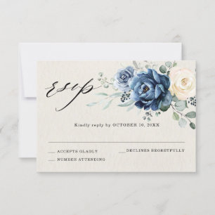 Dusty Blue Navy Champagne Ivory Floral Wedding RSV RSVP Karte