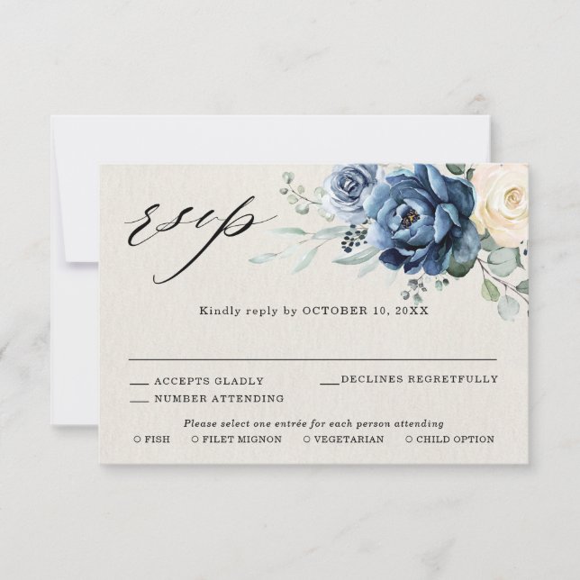 Dusty Blue Navy Champagne Ivory Floral Wedding RSV RSVP Karte (Vorderseite)