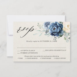 Dusty Blue Navy Champagne Ivory Floral Wedding RSV RSVP Karte