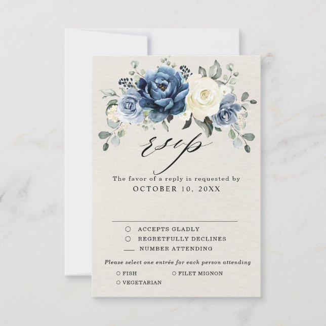 Dusty Blue Navy Champagne Ivory Floral Wedding RSV RSVP Karte (Vorderseite)