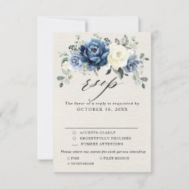 Dusty Blue Navy Champagne Ivory Floral Wedding RSV RSVP Karte