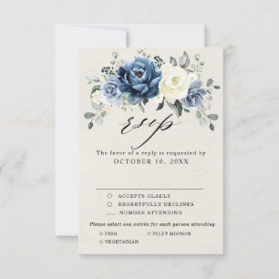 Dusty Blue Navy Champagne Ivory Floral Wedding RSV RSVP Karte