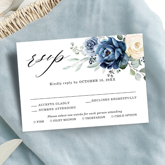 Dusty Blue Navy Champagne Ivory Floral Wedding RSV RSVP Karte (Dusty Blue Navy Champagne Ivory Floral Wedding RSV RSVP Card)