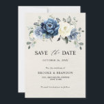 Dusty Blue Navy Champagne Ivory Floral Wedding Sav Save The Date<br><div class="desc">Die farbenfrohe Blumenhochzeit bewahrt die Dattelkarte mit elegantem Bouquet aus Marineblau,  Königsblau ,  Weiß ,  Gold,  Champagnerelfenbein,  Rose in Rosa,  Blume-Knötchen und schlanke grüne Eukalyptus-Blätter und elegantem Aquarellbogen. Bitte kontaktieren Sie mich für Hilfe bei der Anpassung oder wenn Sie ein anderes Produkt mit diesem Design benötigen.</div>
