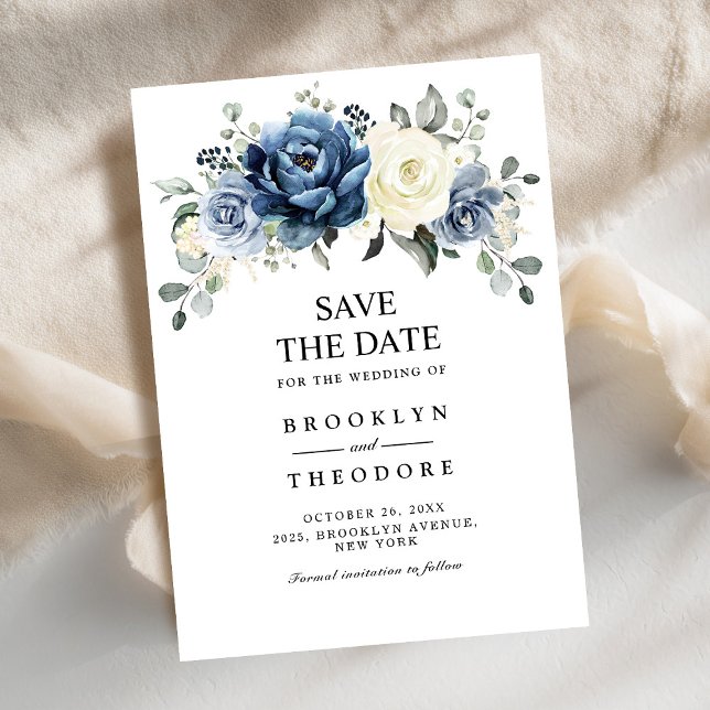 Dusty Blue Navy Champagne Ivory Floral Wedding Sav Save The Date (Dusty Blue Navy Champagne Ivory Floral Wedding Save The Date card)