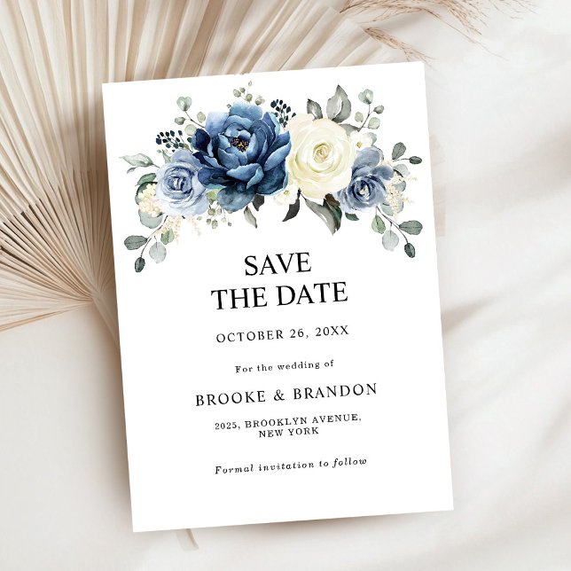 Dusty Blue Navy Champagne Ivory Floral Wedding Sav Save The Date (Dusty Blue Navy Champagne Ivory Floral Wedding Save The Date card)