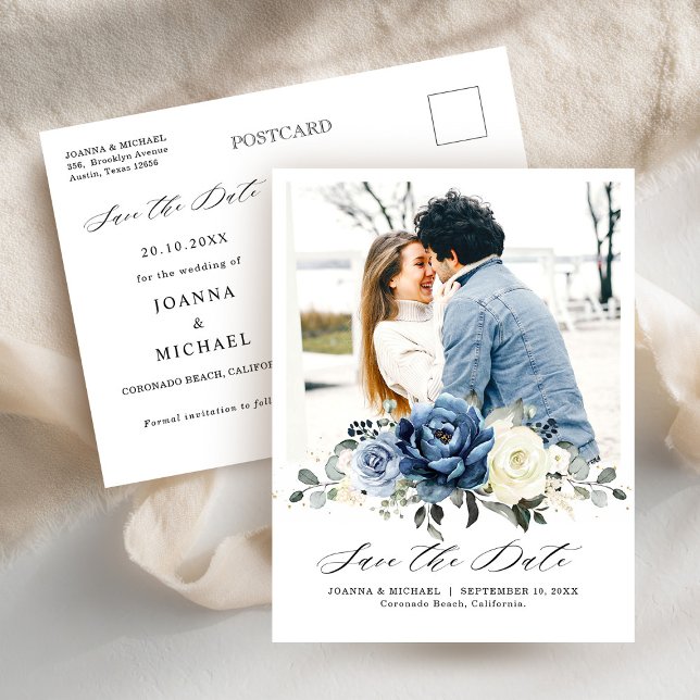 Dusty Blue Navy Champagne Ivory Save the Date Postkarte (Dusty Blue Navy Champagne Ivory Save the Date Postcard)