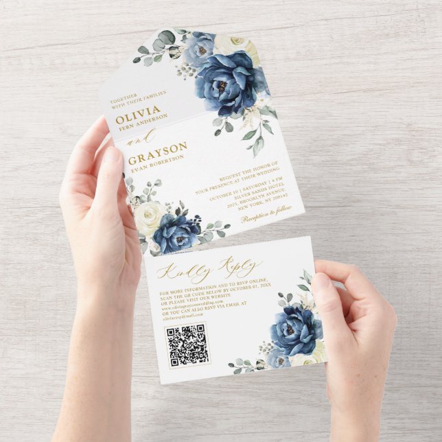 Dusty Blue Navy Champagne Ivory Wedding QR Code All In One Einladung (Abreißen)