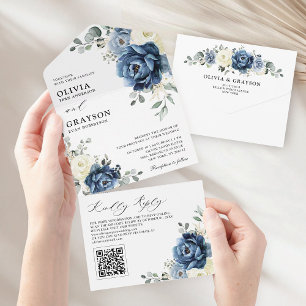 Dusty Blue Navy Champagne Ivory Wedding QR Code All In One Einladung