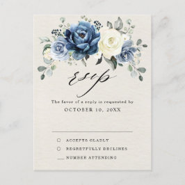 Dusty Blue Navy Champagne Ivory Wedding RSVP Postc Postkarte