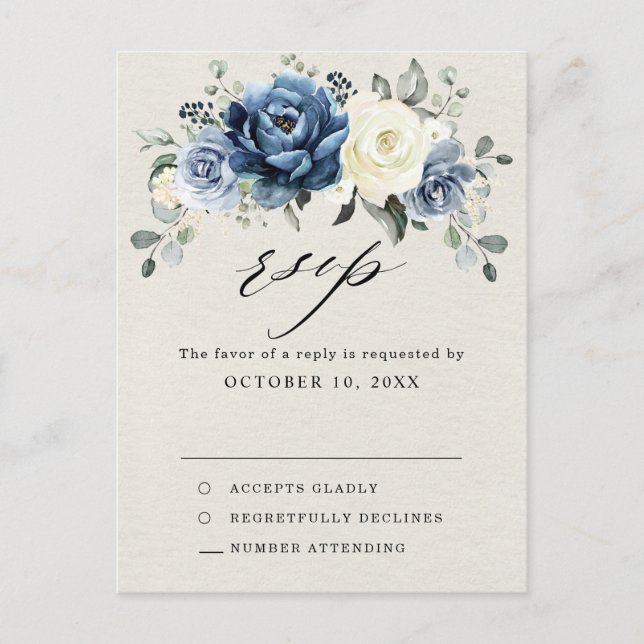 Dusty Blue Navy Champagne Ivory Wedding RSVP Postc Postkarte (Vorderseite)