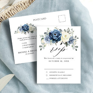 Dusty Blue Navy Champagne Ivory Wedding RSVP Postc Postkarte