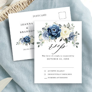 Dusty Blue Navy Champagne Ivory Wedding RSVP Postkarte