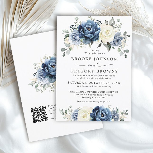 Dusty Blue Navy Elfenbein Boho Hochzeit QR-Code Einladung (Dusty Blue Navy Ivory Floral Boho Wedding QR Code Invitation)