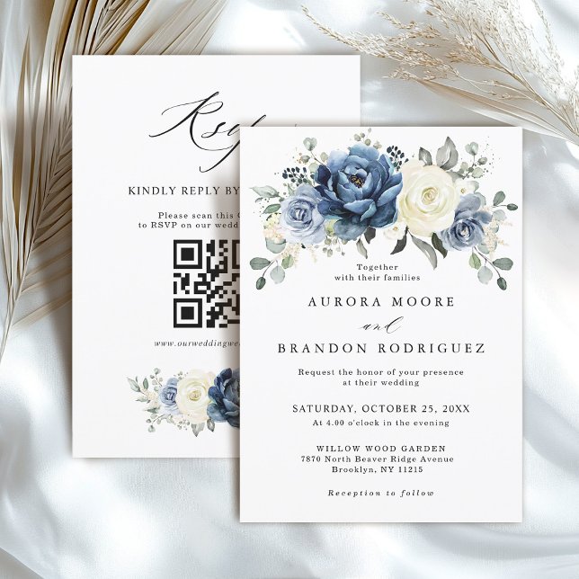 Dusty Blue Navy Elfenbein Boho Hochzeit QR-Code Einladung (Dusty Blue Navy Ivory Floral Boho Wedding QR Code Invitation)