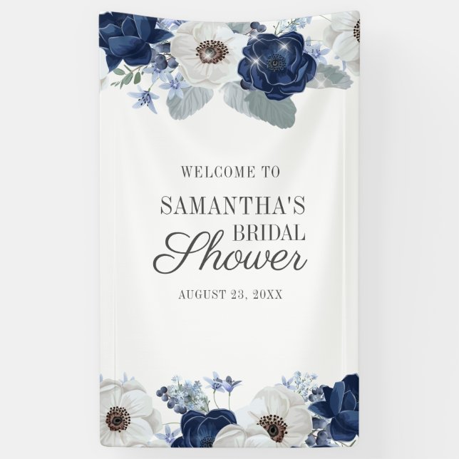 Dusty Blue Navy Floral Bloom Brautparty Banner (Vertikal)