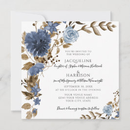 Dusty Blue Navy Floral Brown Foliage Hochzeit Einladung