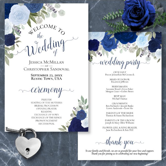 Dusty Blue & Navy Floral Budget Hochzeitsprogramm (In Situ Front and Back)