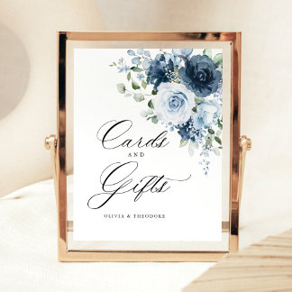 Dusty Blue Navy Floral Cards & Gifts Wedding Table Sockelschild